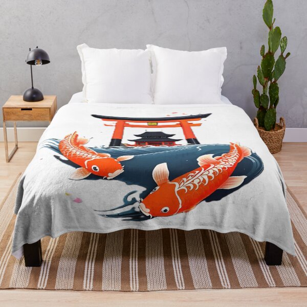 Item preview, Two Orange Koi Fish With Blue Waves Under Red Torii Gate designed and sold by Surviving Monday Club.