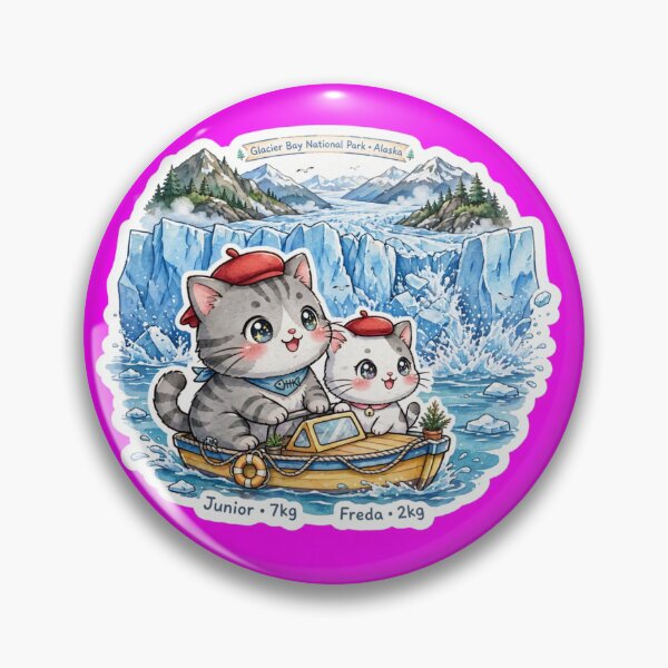 Item preview, Junior and Freda Glacier Bay Alaska Sticker - Cute Kawaii Cats in Boat with Glacier and Mountains designed and sold by MAISON SYLVIE.