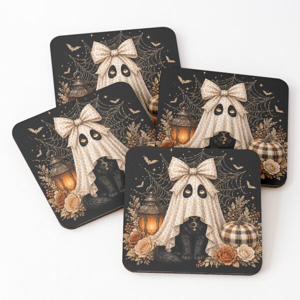 Item preview, Black Cat Ghost Halloween Leopard Bow Spooky Autumn designed and sold by will freed18.