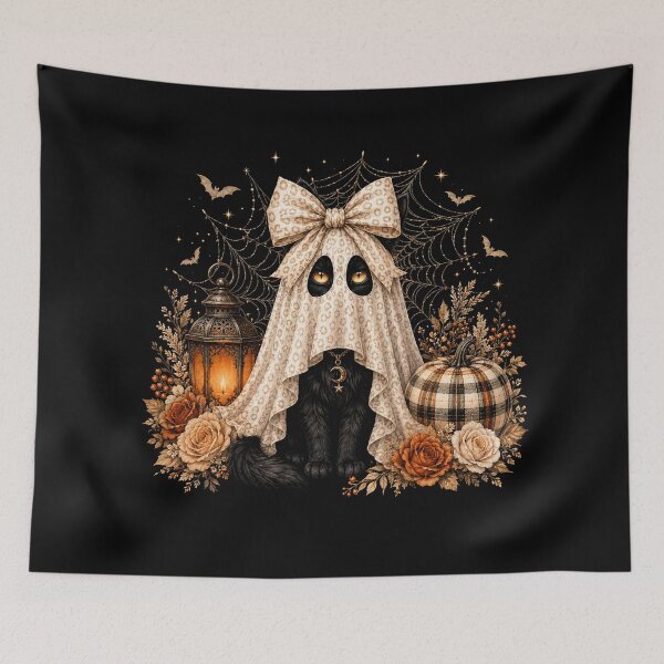 Item preview, Black Cat Ghost Halloween Leopard Bow Spooky Autumn designed and sold by will freed18.