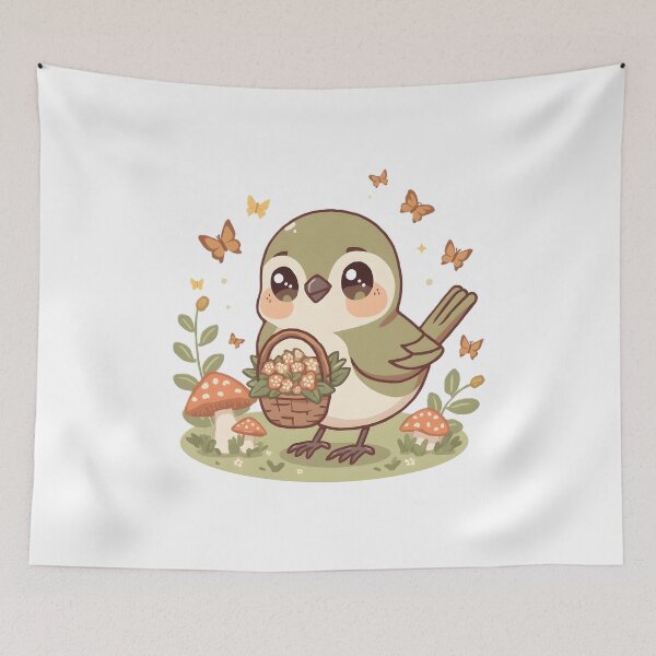 Item preview, Cute Sparrow with Flower Basket & Butterflies | Kawaii Cottagecore Bird | Whimsical Nature Aesthetic designed and sold by dreamz-world.