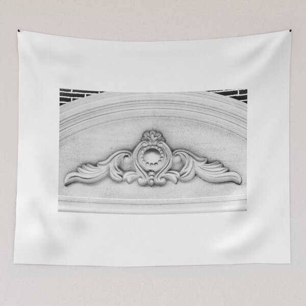 Item preview, Ornamental Architectural Plaster Relief on Classical Facade Pediment in Black and White Closeup designed and sold by Nmallia.