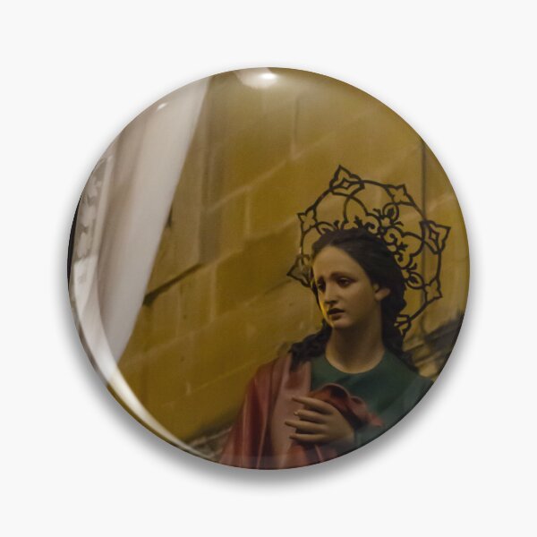 Item preview, Painted Statue of the Virgin Mary With Halo During Night Procession Near Stone Church Wall designed and sold by Nmallia.