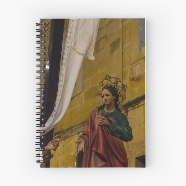 Item preview, Painted Statue of the Virgin Mary With Halo During Night Procession Near Stone Church Wall designed and sold by Nmallia.