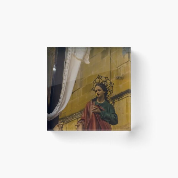 Item preview, Painted Statue of the Virgin Mary With Halo During Night Procession Near Stone Church Wall designed and sold by Nmallia.