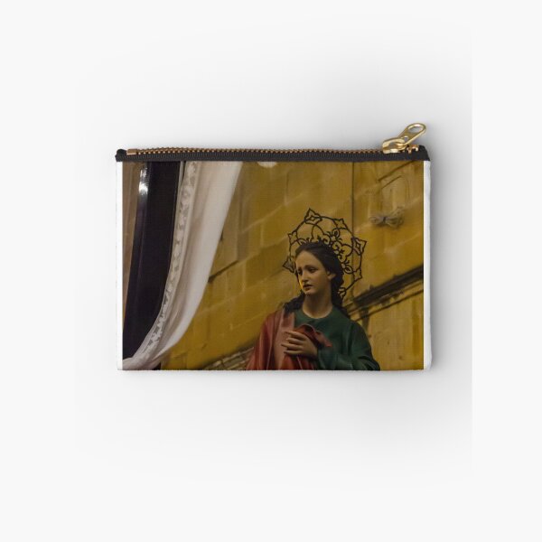 Item preview, Painted Statue of the Virgin Mary With Halo During Night Procession Near Stone Church Wall designed and sold by Nmallia.