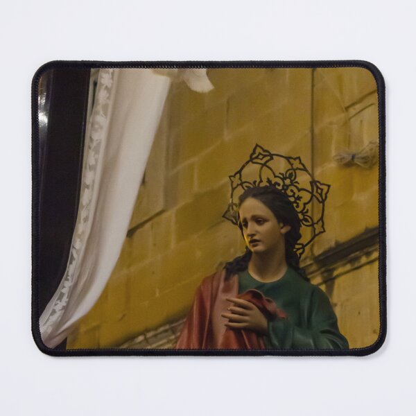 Item preview, Painted Statue of the Virgin Mary With Halo During Night Procession Near Stone Church Wall designed and sold by Nmallia.