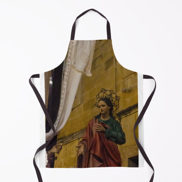 Item preview, Painted Statue of the Virgin Mary With Halo During Night Procession Near Stone Church Wall designed and sold by Nmallia.