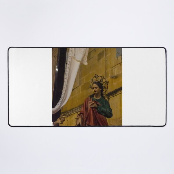 Item preview, Painted Statue of the Virgin Mary With Halo During Night Procession Near Stone Church Wall designed and sold by Nmallia.