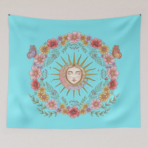 Item preview, Celestial Moon Face with Wildflowers and Butterflies designed and sold by innerfaith.