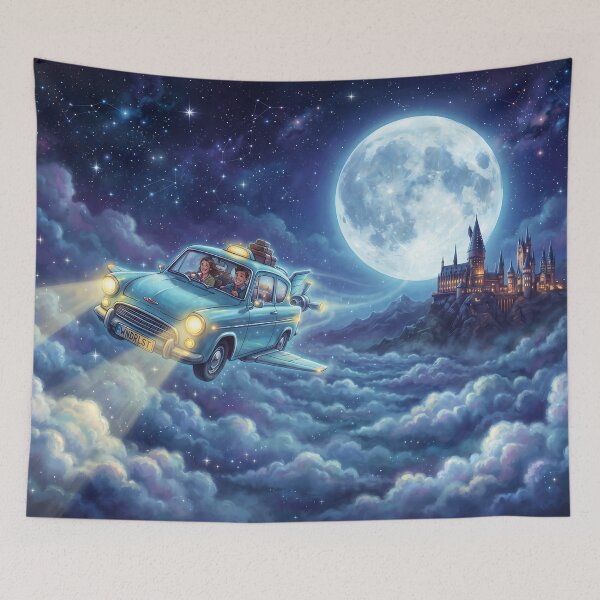 Item preview, Flying Car Soaring to Wizard Castle - Full Moon Fantasy Art designed and sold by KreonaTime.