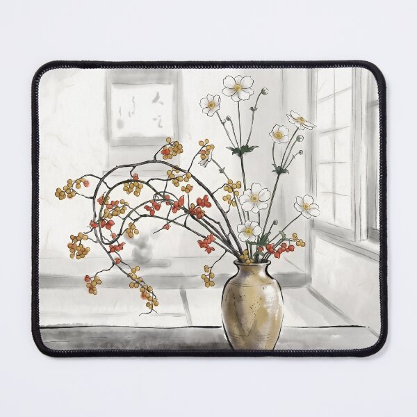 Item preview, Sumi-e Anemone & Bittersweet Ikebana Art designed and sold by conohitoAI-ArtGallery.