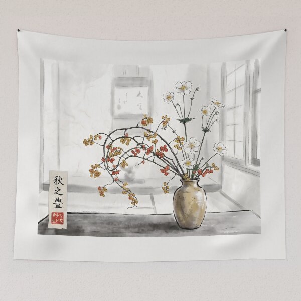 Item preview, Sumi-e Anemone & Bittersweet Ikebana Art designed and sold by conohitoAI-ArtGallery.