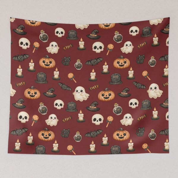 Item preview, Cute Watercolor Spooky Halloween Pattern on Deep Burgundy designed and sold by Potattoo.