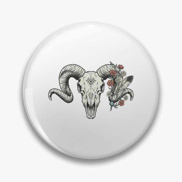 Item preview, Ram Skull with Desert Wildflowers Feather and Turquoise Bead Folk Tattoo Flash Style Illustration designed and sold by OnPointOutfits.