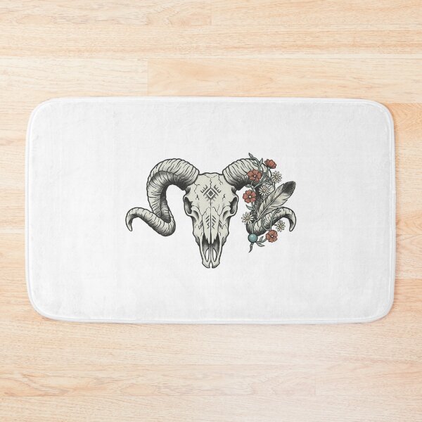 Item preview, Ram Skull with Desert Wildflowers Feather and Turquoise Bead Folk Tattoo Flash Style Illustration designed and sold by OnPointOutfits.