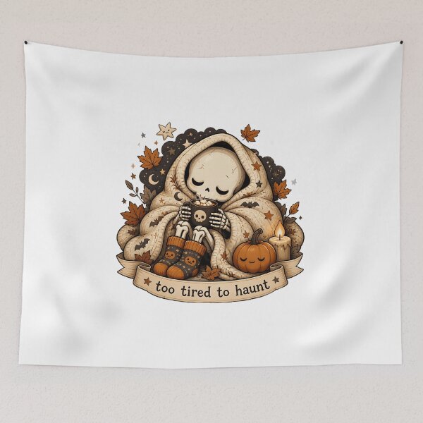 Item preview, Too Tired to Haunt Halloween Skeleton Cozy Fall Mug & Shirt Design designed and sold by ColorClouds.