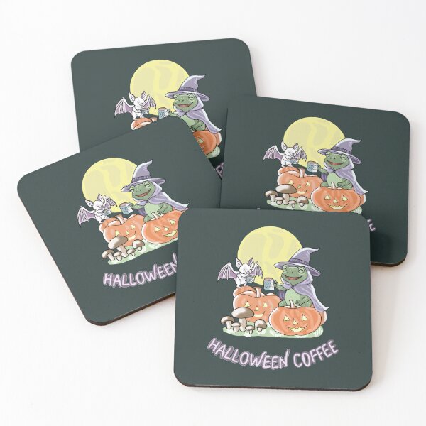 Item preview, Frog Witch and Bat Halloween Coffee Mushroom Cottagecore Kawaii Art designed and sold by LeshanArt.