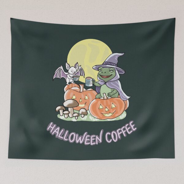 Item preview, Frog Witch and Bat Halloween Coffee Mushroom Cottagecore Kawaii Art designed and sold by LeshanArt.