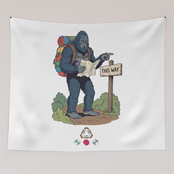 Item preview, Bigfoot Hiker with Map and Backpack - Funny Sasquatch Trail Sign "This Way" designed and sold by Whimsy Trail Co.