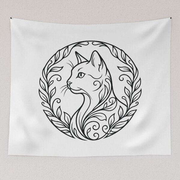 Item preview, Elegant Cat Botanical Wreath Line Art Illustration designed and sold by ZUMERI.