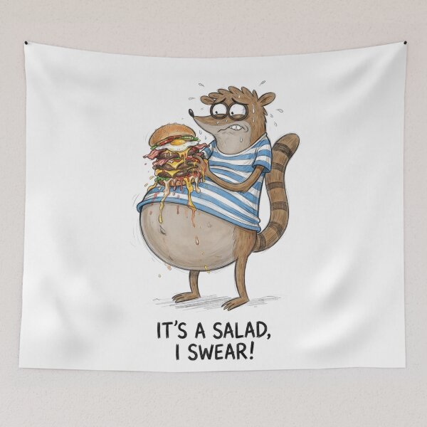 Item preview, Rigby Eating Massive Burger Its A Salad I Swear Regular Show Fan Art designed and sold by FreakToons.