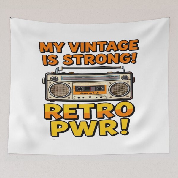 Item preview, Good for Boomer and Generations X old radio cassette quote MY VINTAGE IS STRONG! RETRO PWR! designed and sold by Giulivo Store Graphic.