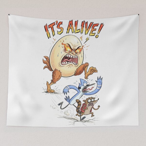 Item preview, Giant Angry Egg Chasing Mordecai And Rigby Its Alive Regular Show Fan Art designed and sold by FreakToons.