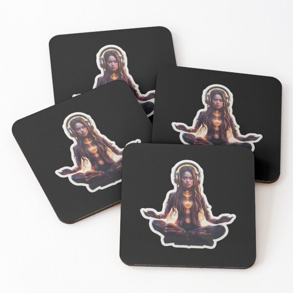 Item preview, Meditating woman with cyberpunk-style headphones designed and sold by SiddharthaMoon.