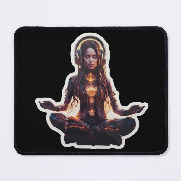 Item preview, Meditating woman with cyberpunk-style headphones designed and sold by SiddharthaMoon.