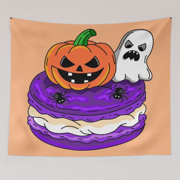 Item preview, Creepy Halloween Bakery Macaroon decorated with Carved Pumpkin Angry Ghost and Black Spiders Clipart designed and sold by RS4you.