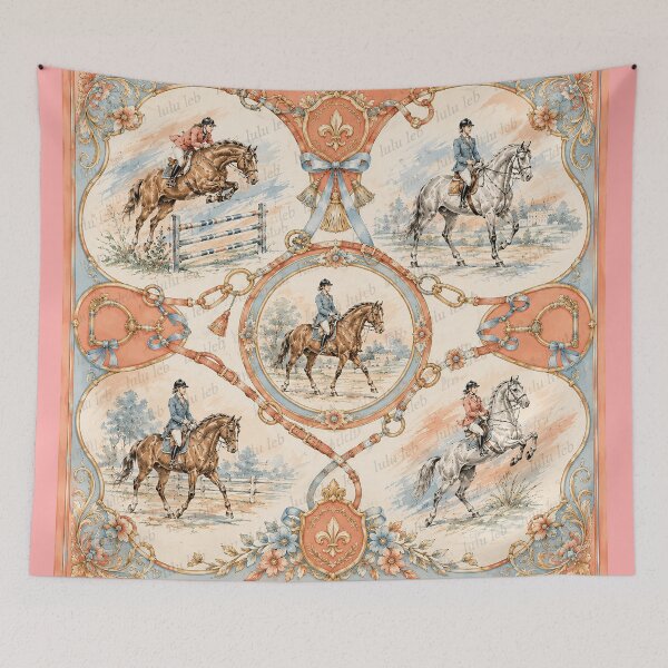 Item preview, Horse Lovers – Salmon & Blue Vintage Scarf Design designed and sold by LuluLeb.