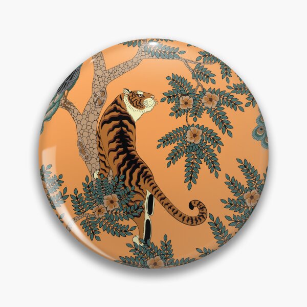 Item preview, Traditional Chinese Tiger and Peacock Floral Pattern on Orange designed and sold by Sveta Aho.