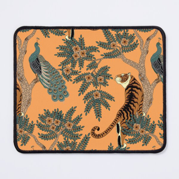 Item preview, Traditional Chinese Tiger and Peacock Floral Pattern on Orange designed and sold by Sveta Aho.