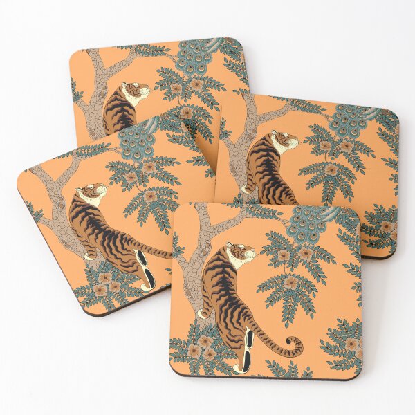 Item preview, Traditional Chinese Tiger and Peacock Floral Pattern on Orange designed and sold by Sveta Aho.