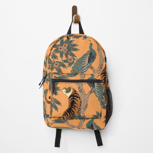 Item preview, Traditional Chinese Tiger and Peacock Floral Pattern on Orange designed and sold by Sveta Aho.
