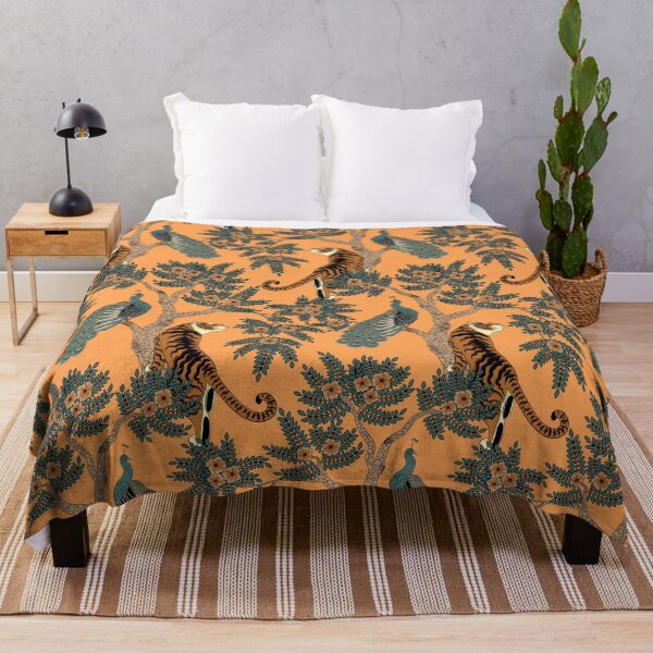 Item preview, Traditional Chinese Tiger and Peacock Floral Pattern on Orange designed and sold by Sveta Aho.