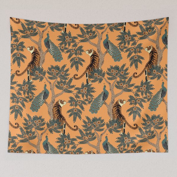Item preview, Traditional Chinese Tiger and Peacock Floral Pattern on Orange designed and sold by Sveta Aho.