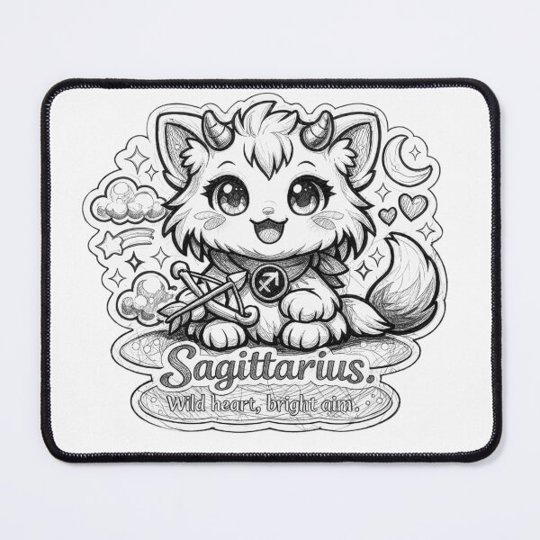 Item preview, Zodiac sign Sagittarius in black and white with kawaii cat  designed and sold by wallartofmio.
