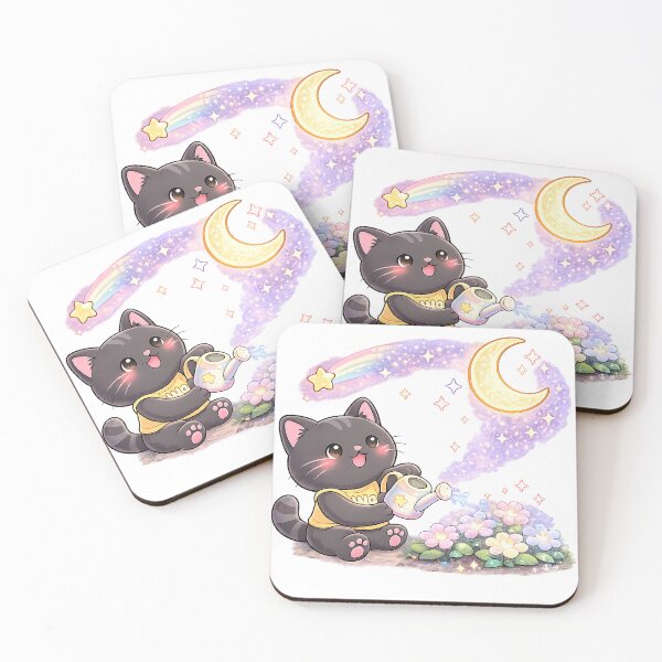 Item preview, Kawaii Black Cat Watering Moonlight Flowers Cute Cartoon Animal Design designed and sold by Wawa5656.
