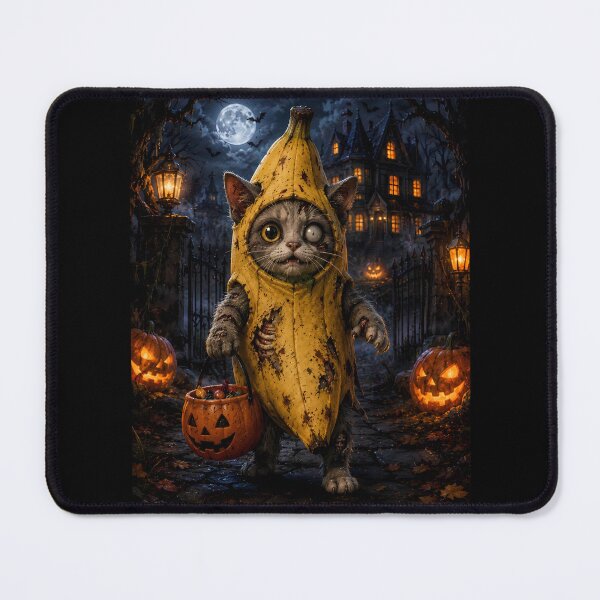 Item preview, Cute Zombie Cat in Banana Costume Holding Pumpkin Candy Bucket for Halloween designed and sold by Dreamy Armine Art.