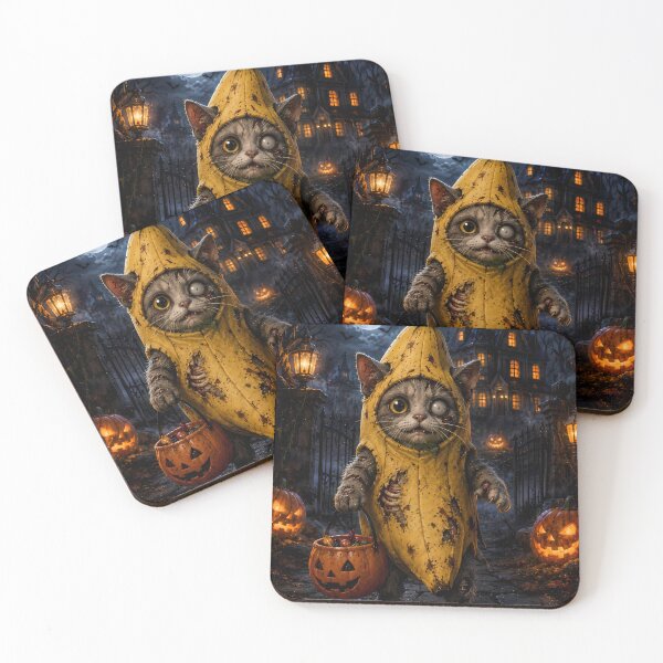 Item preview, Cute Zombie Cat in Banana Costume Holding Pumpkin Candy Bucket for Halloween designed and sold by Dreamy Armine Art.