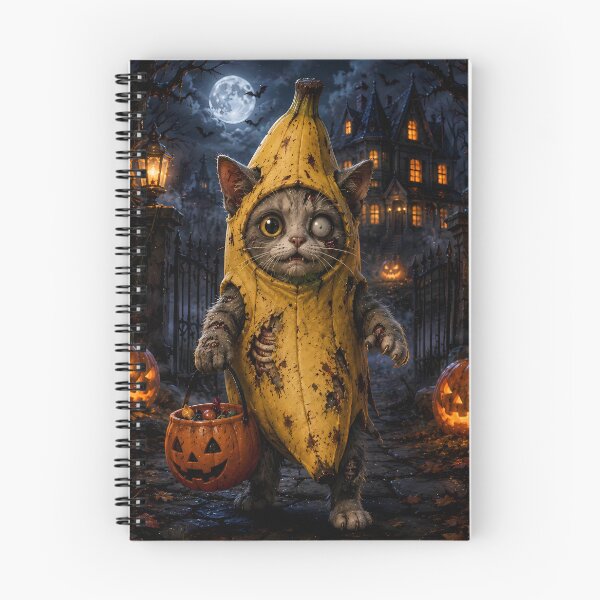Item preview, Cute Zombie Cat in Banana Costume Holding Pumpkin Candy Bucket for Halloween designed and sold by Dreamy Armine Art.