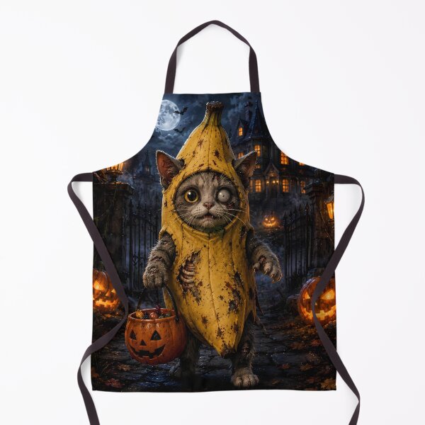 Item preview, Cute Zombie Cat in Banana Costume Holding Pumpkin Candy Bucket for Halloween designed and sold by Dreamy Armine Art.
