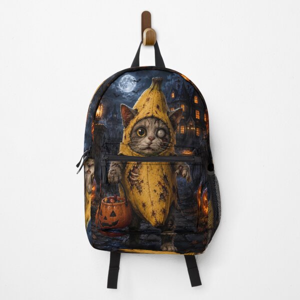 Item preview, Cute Zombie Cat in Banana Costume Holding Pumpkin Candy Bucket for Halloween designed and sold by Dreamy Armine Art.
