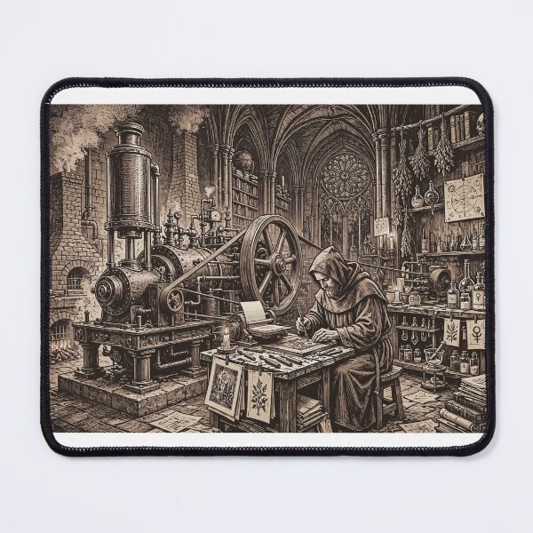 Item preview, Dark Cathedral - The Monk in Gothic Alchemist Printing Press Engraving designed and sold by Neurospicy Trolls.