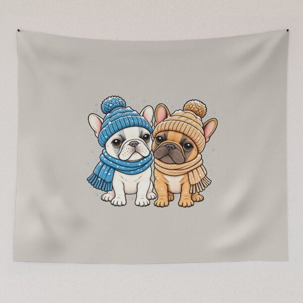 Item preview, Freakin Cute Frenchies Friends with winter hats and scarves in the snow designed and sold by newnomads-art.