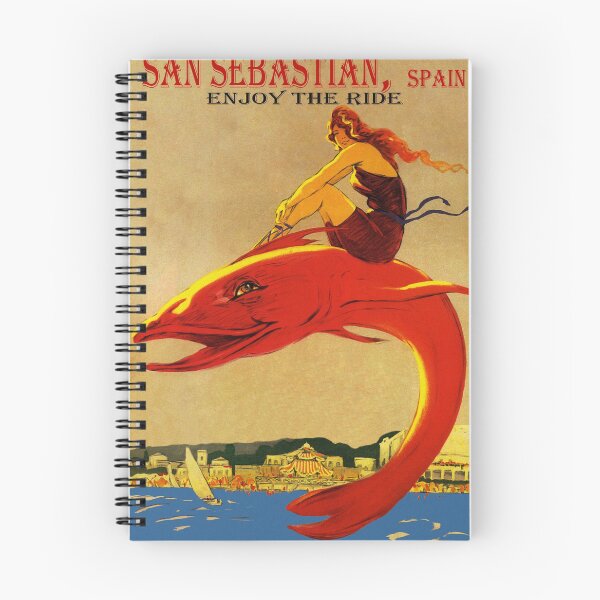 Item preview, San Sebastian Poster, Vintage Travel Art, Woman Riding Red Dolphin, Spanish Coastal Decor for Travelers designed and sold by RickE.