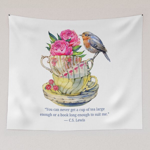 Item preview, Vintage Cup Stack with Bird and C. S. Lewis Tea Quote designed and sold by AnimaliaStar.