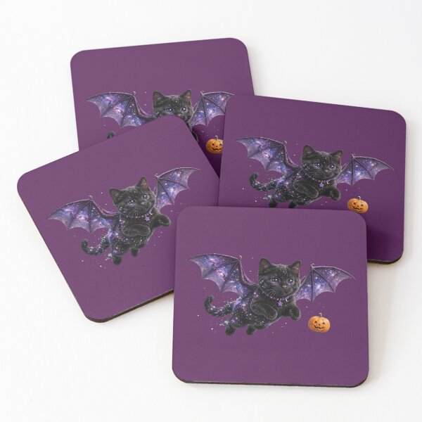 Item preview, Bat Wings Galaxy Cat - Flying Black Cat with Purple Galaxy Wings and Pumpkin designed and sold by PrettyCrypt.